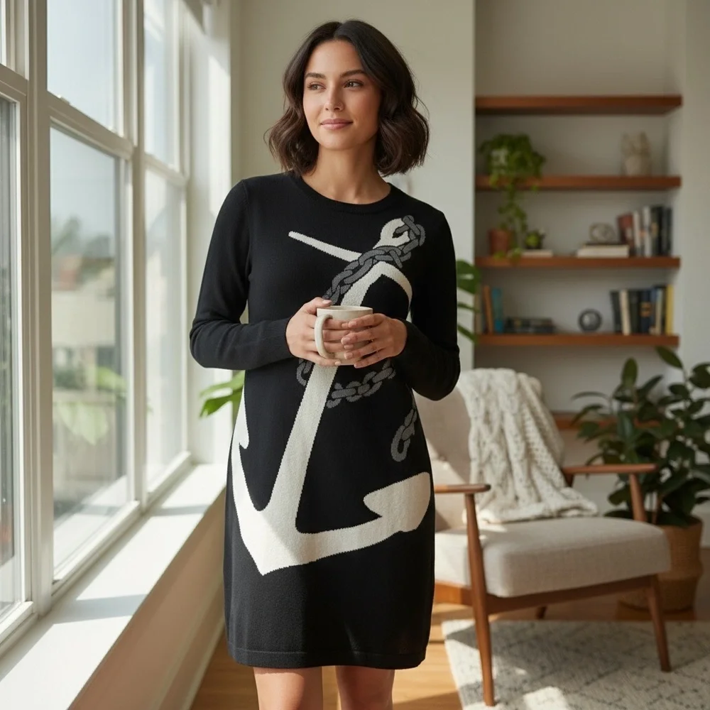 EXPRESS S Black Sweater Dress Big White Anchor Graphic R $88 - Picture 3 of 13